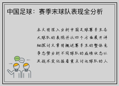 中国足球：赛季末球队表现全分析