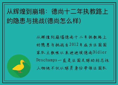 从辉煌到崩塌：德尚十二年执教路上的隐患与挑战(德尚怎么样)