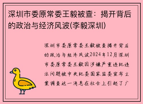 深圳市委原常委王毅被查：揭开背后的政治与经济风波(李毅深圳)