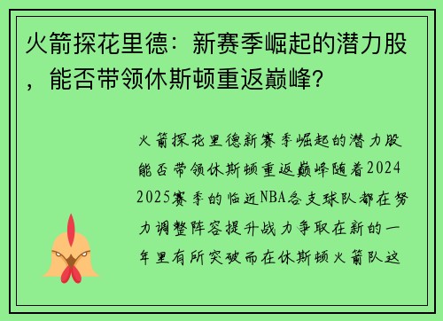 火箭探花里德：新赛季崛起的潜力股，能否带领休斯顿重返巅峰？