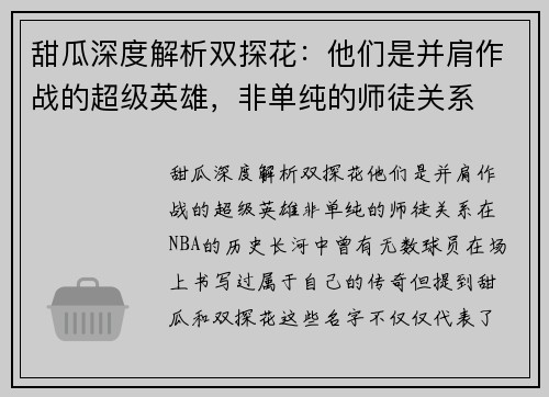 甜瓜深度解析双探花：他们是并肩作战的超级英雄，非单纯的师徒关系