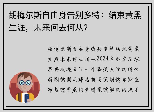 胡梅尔斯自由身告别多特：结束黄黑生涯，未来何去何从？