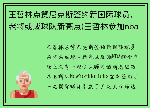 王哲林点赞尼克斯签约新国际球员，老将或成球队新亮点(王哲林参加nba)