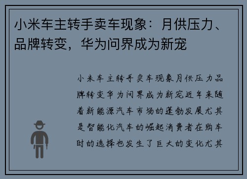 小米车主转手卖车现象：月供压力、品牌转变，华为问界成为新宠